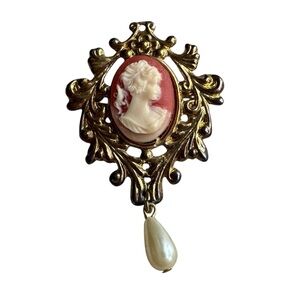 Vintage Gold Toned Simulated Cameo Of A Woman Pin With Dangling Pearl 2 Inch
